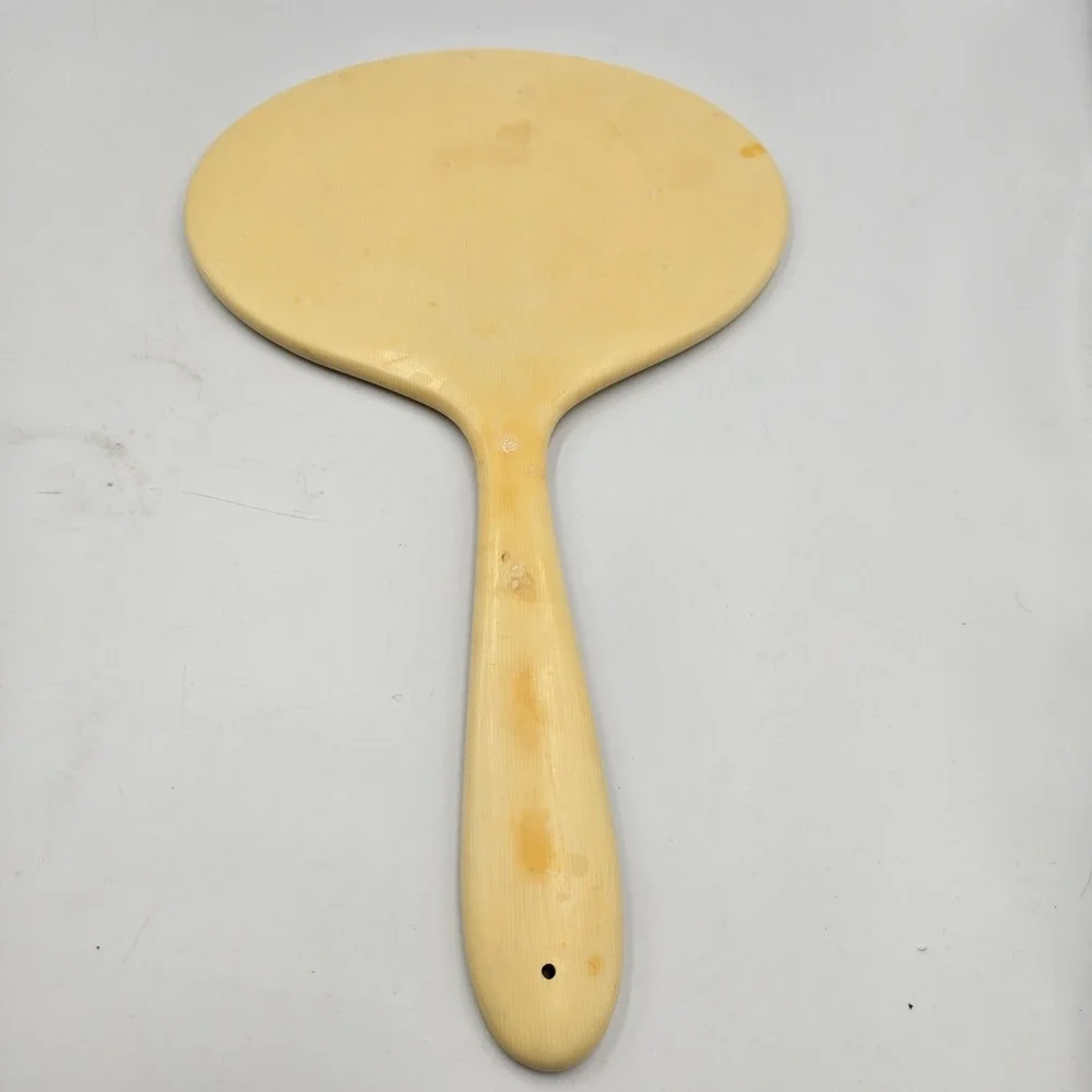 Antique French Ivory Celluloid‎ Hand Mirror Beveled Glass Vanity Art Deco 1920s